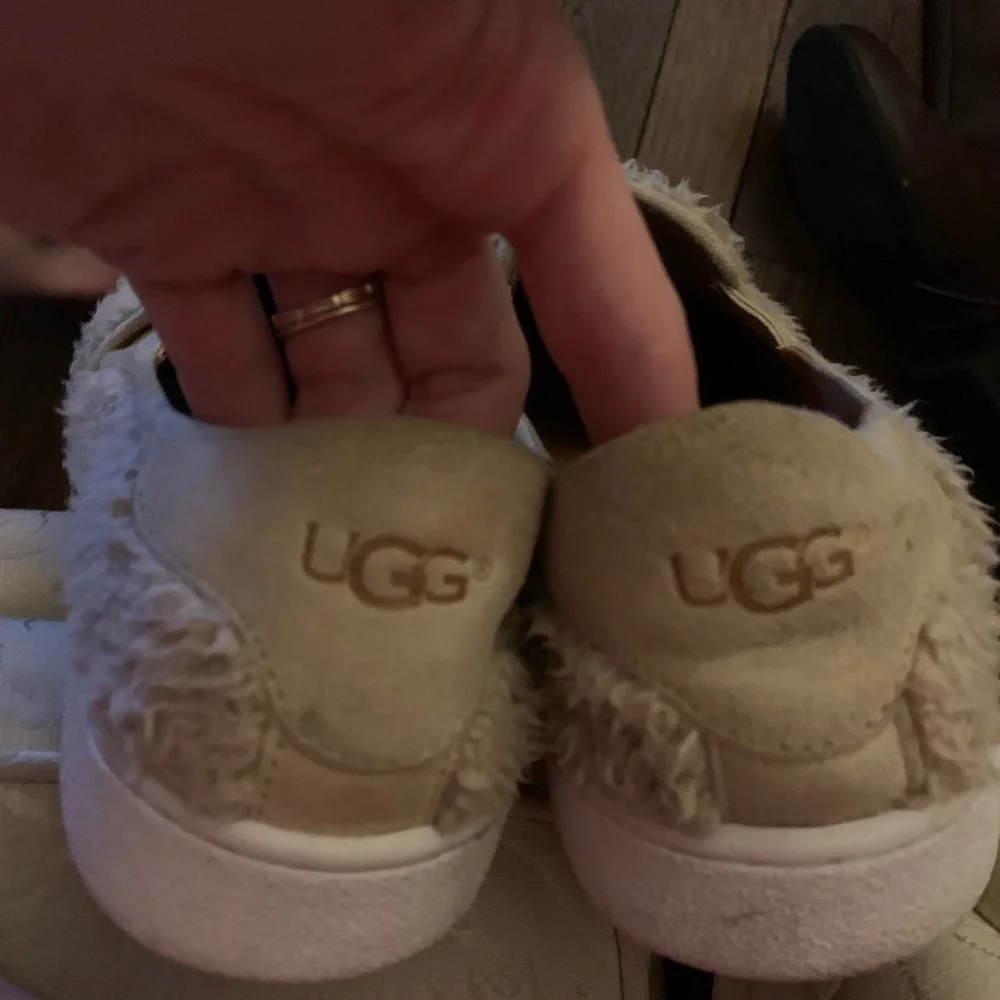 UGG Ricci Leather Faux-Fur Slip-on Sneakers, Size 8.5, Color: Natural